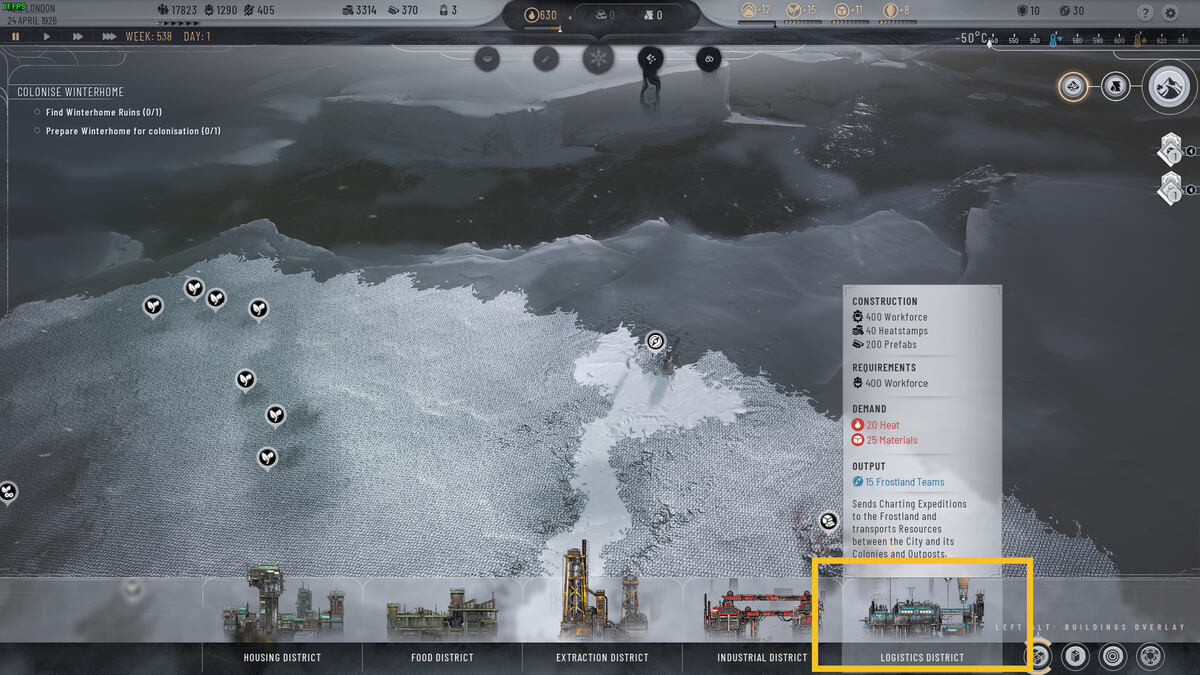 Frostpunk 2 Frostland Teams: isometric view of an icy expanse.