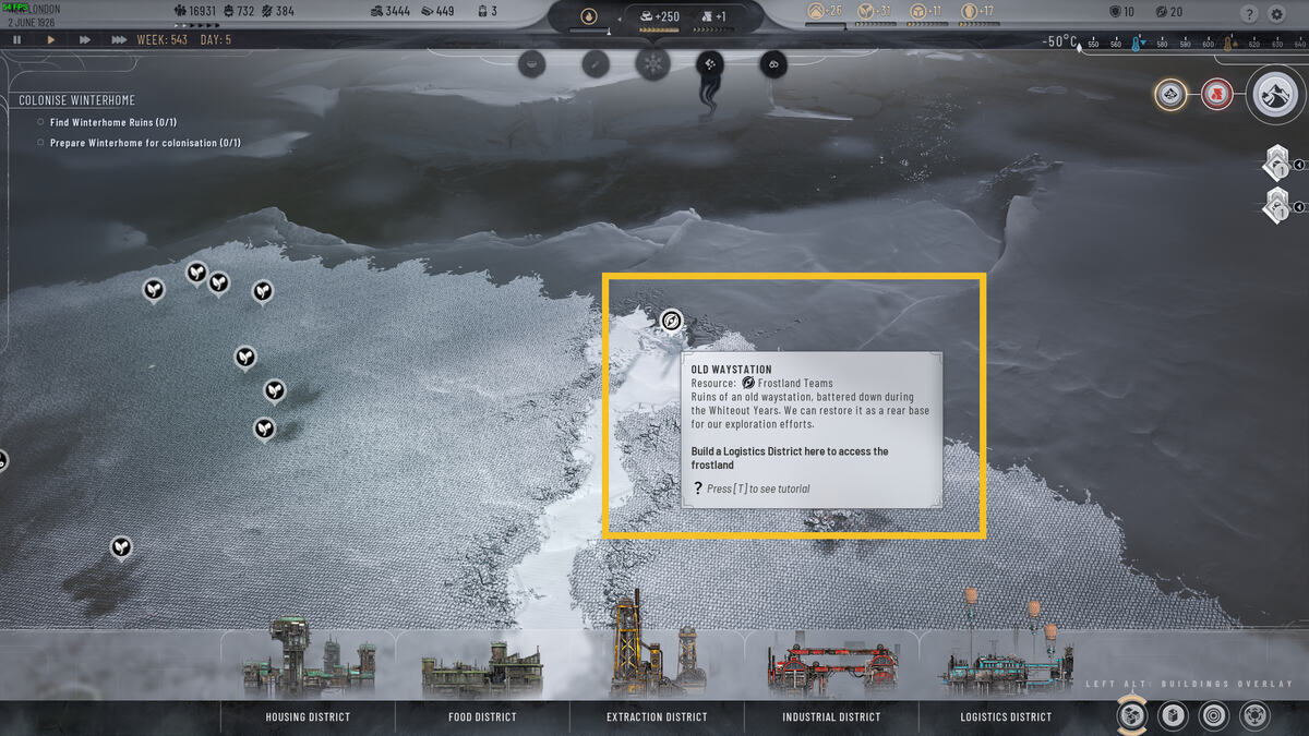 Frostpunk 2 Frostland Teams: isometric view of an icy expanse.
