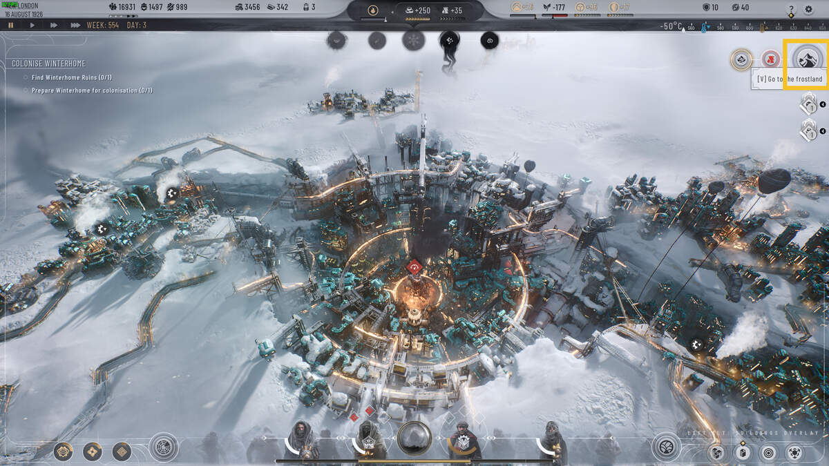 Frostpunk 2 Frostland Teams: isometric view of an icy expanse.