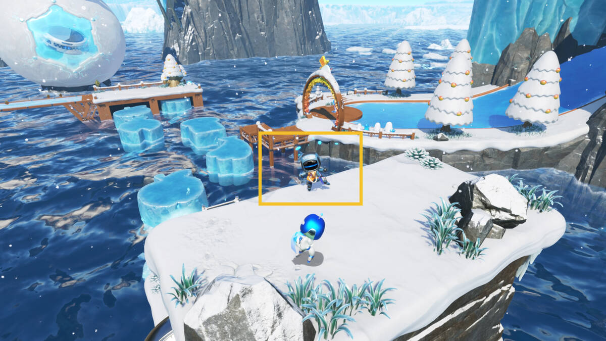 Astro Bot Frozen Meal: Astro exploring the Frozen Meal level in the Feather Cluster.
