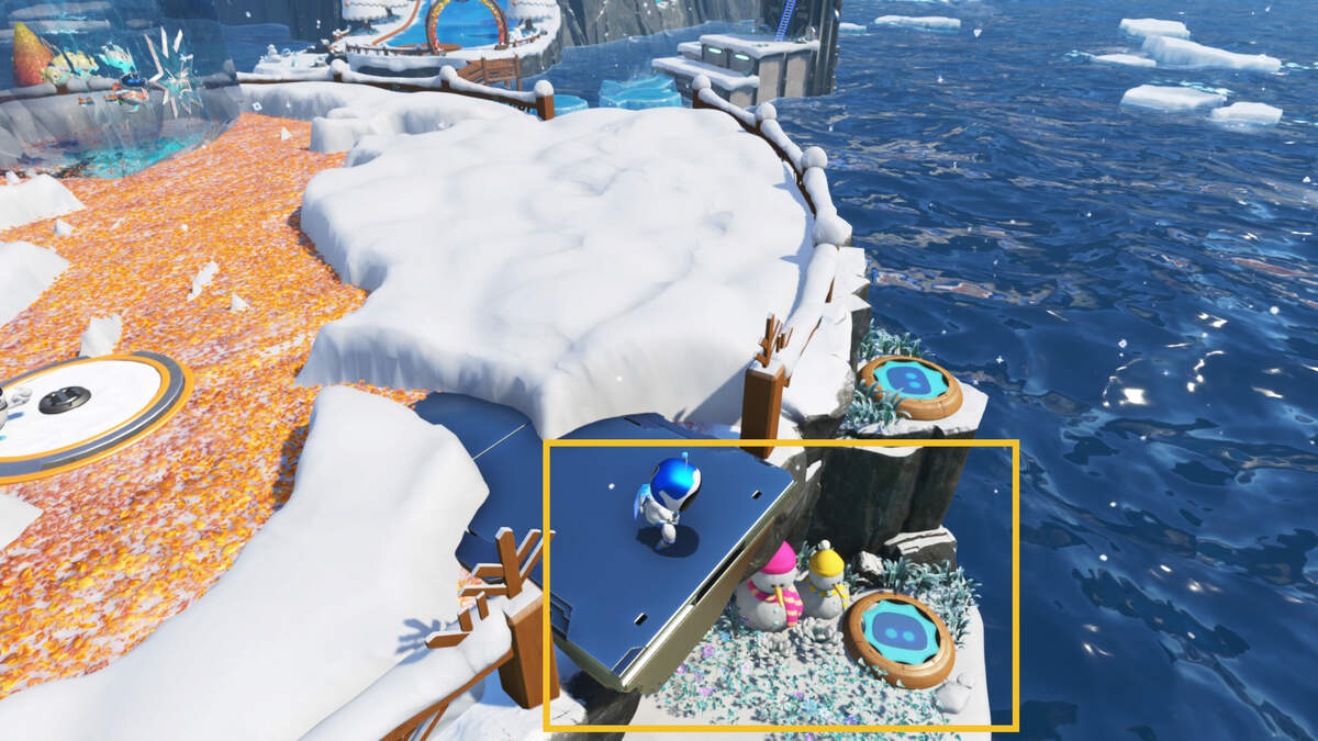 Astro Bot Frozen Meal: Astro exploring the Frozen Meal level in the Feather Cluster.
