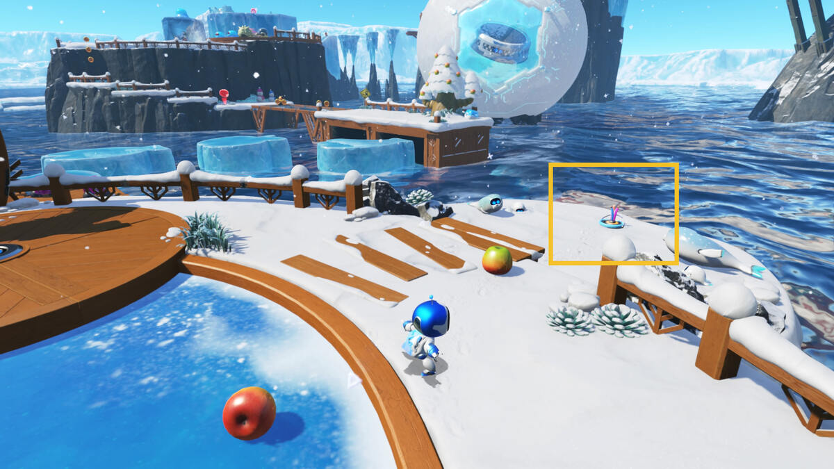 Astro Bot Frozen Meal: Astro exploring the Frozen Meal level in the Feather Cluster.