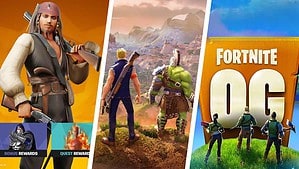 Promotional image for fortnite seasons featuring three distinct scenes with characters in diverse costumes and landscapes, highlighting game rewards and "og" version.