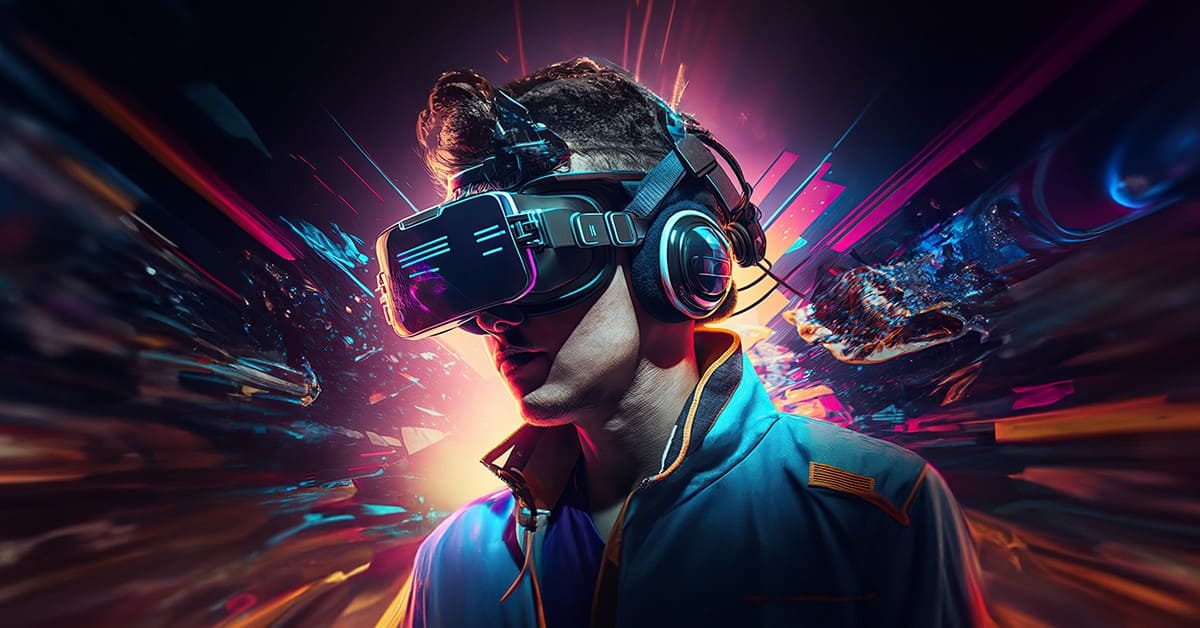 A man wearing a VR headset and headphones is immersed in a vibrant blockchain gaming environment, with dynamic, colorful light streaks surrounding him.
