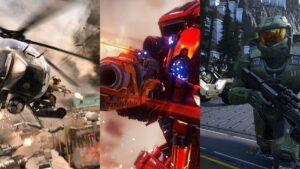 Images of a helicopter in Battlefield 2024, a Titan in Titanfall 2, and a Spartan in Halo Infinite.