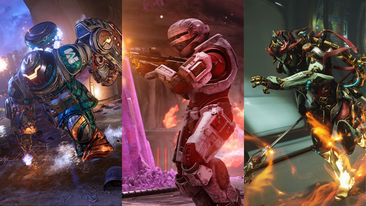A mech from Borderlands 3, a Spartan from Halo Infinite, and a player in Warframe.
