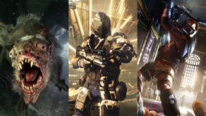A giant rat from Metro Exodus, a guard from Deus Ex: Mankind Divided, and a bandit from Dying Light 2.