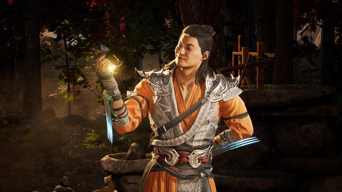 A close-up of Shang Tsung from Mortal Kombat 1.