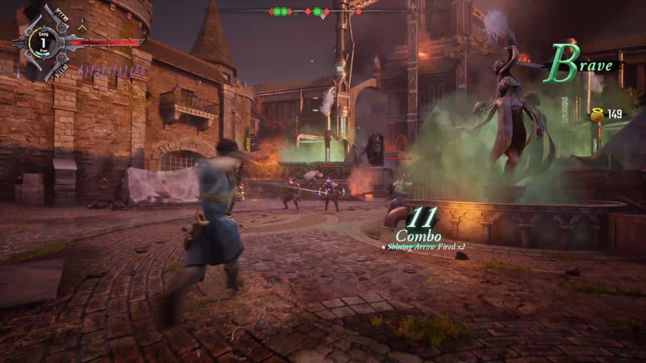 Gangs of Sherwood preview: The player firing arrows as Robin Hood next to a fountain.