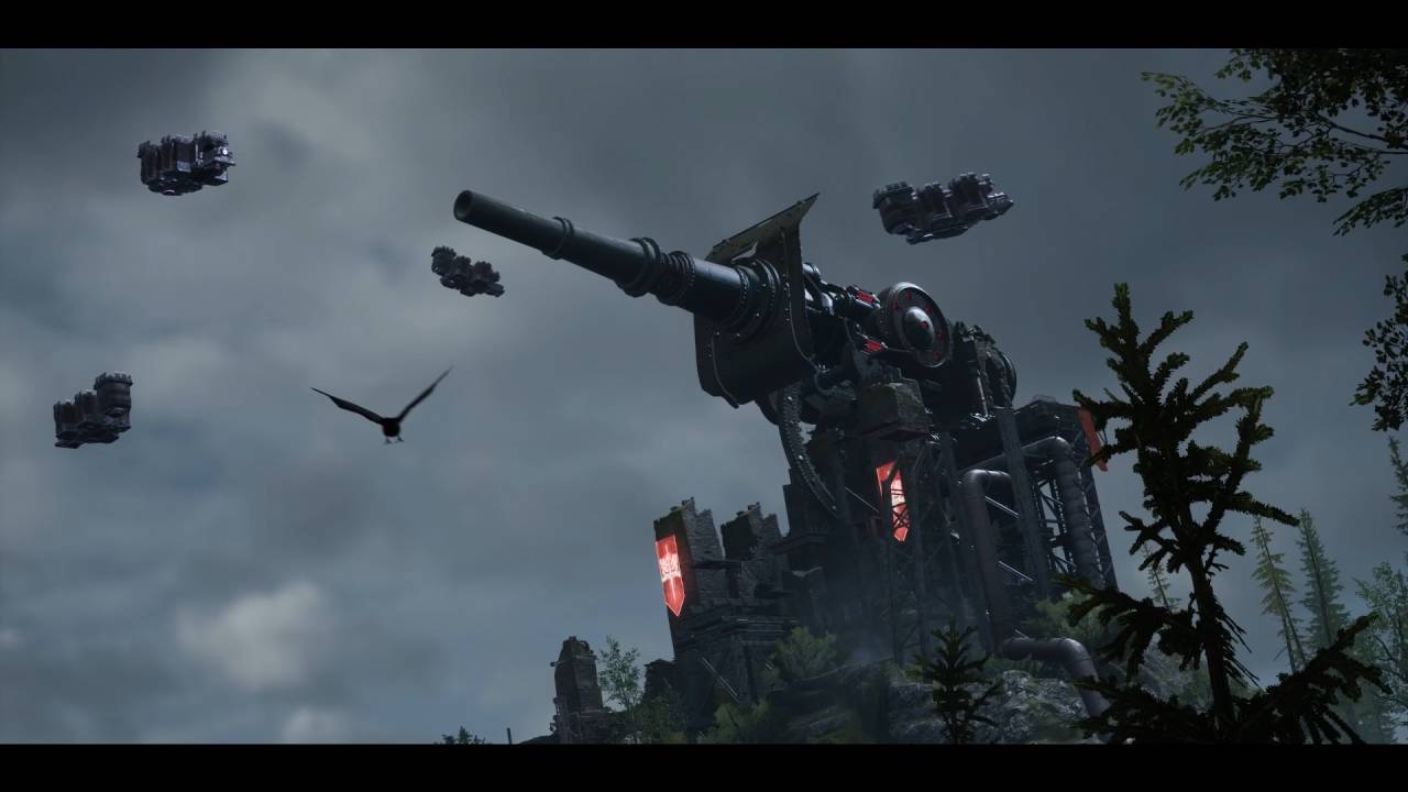 Gangs of Sherwood preview: A huge, ominous cannon with steampunk-esque ships flyiing around it.
