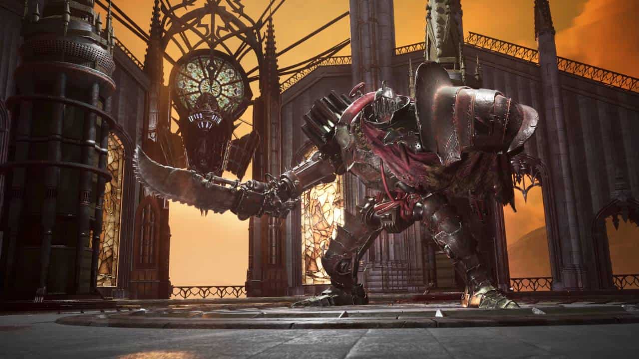 Gangs of Sherwood preview: A huge boss enemy in a suit of armour with a sawblade weapon that looks somewhat like a Bloodborne foe.