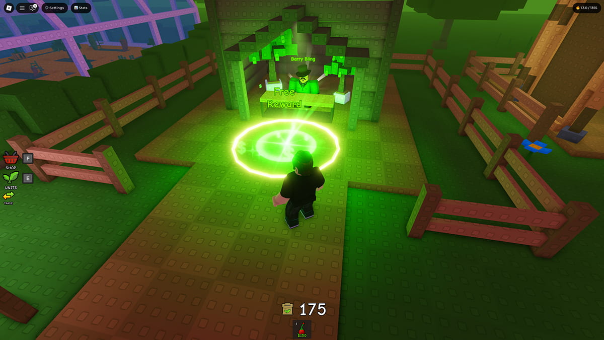 Image of the player in front of the Free Reward circle in Garden Tower Defense on Roblox.