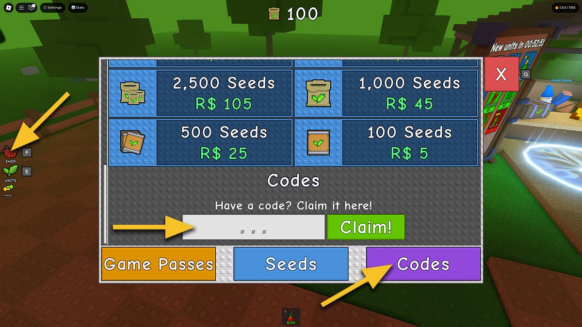 Image of the Shop window in Garden Tower Defense on Roblox, with arrows pointing at the Shop icon, the Codes button, and the code input text box.