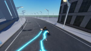 Gather Speed player in the middle of an empty street. Blue lightnings are seen coming out of the player's arms.
