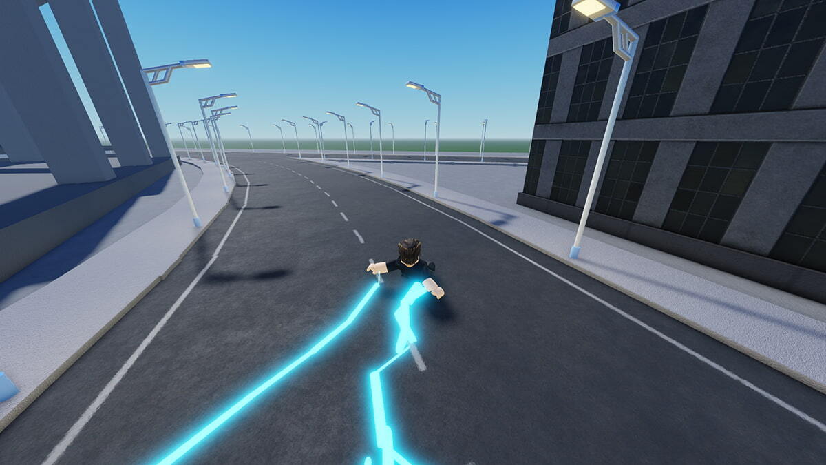 Gather Speed player in the middle of an empty street. Blue lightnings are seen coming out of the player's arms.