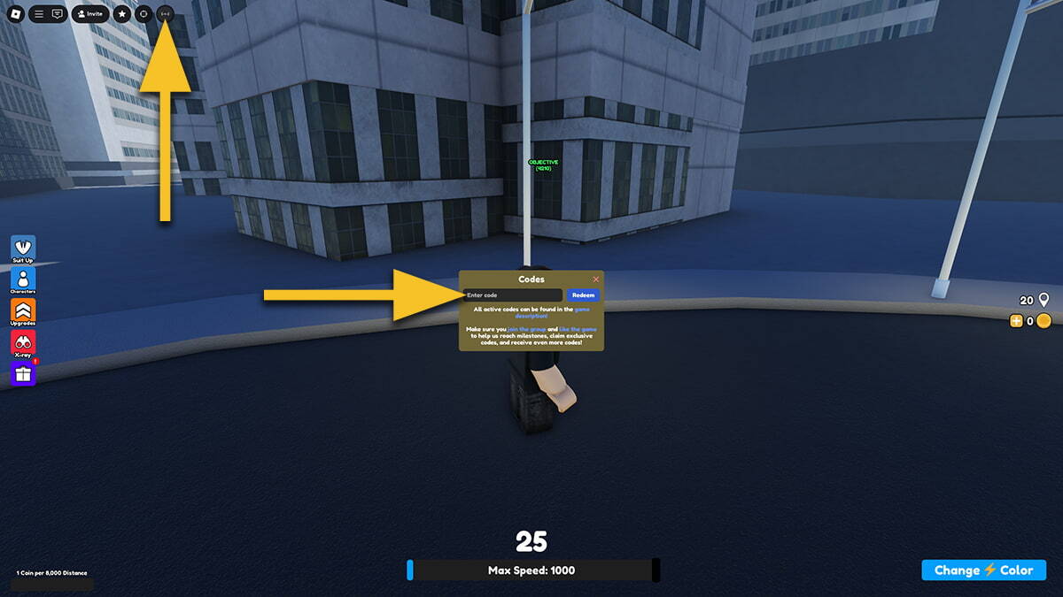 A yellow arrow points at the Codes icon in the top left corner in Gather Speed. Another yellow arrow points at the text box where the player should input the codes.