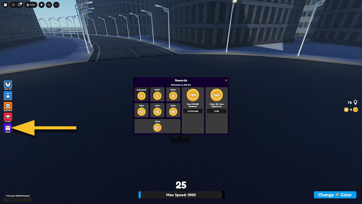 A yellow arrow points at the Present icon on the left side of the screen in Gather Speed. The Rewards menu is open, showcasing various rewards.