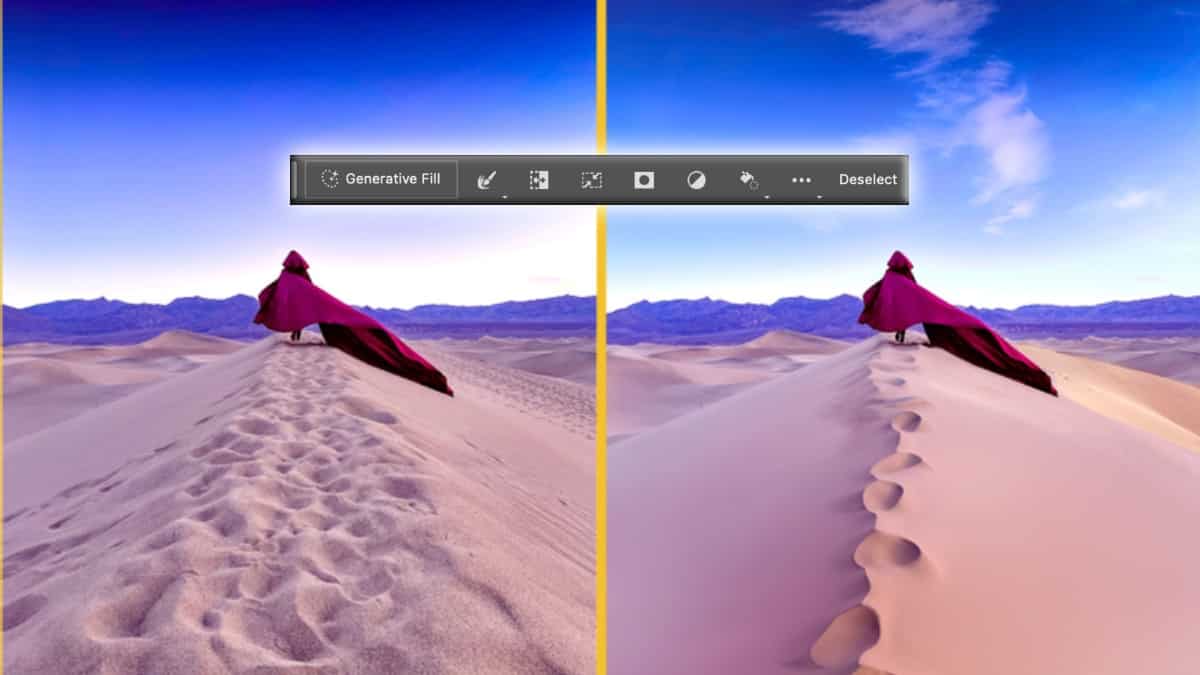 A photoshopped image of a woman standing on top of a sand dune.