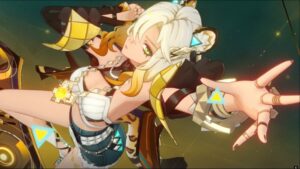 A girl with cat ears raises her arm upward