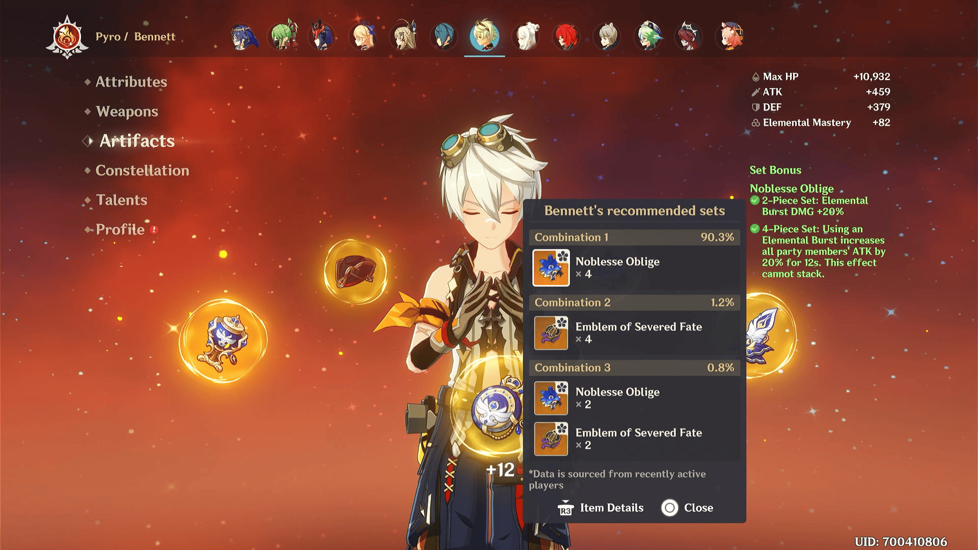 Genshin Impact - Bennett best builds: Screenshot shows Bennett's best Artifacts