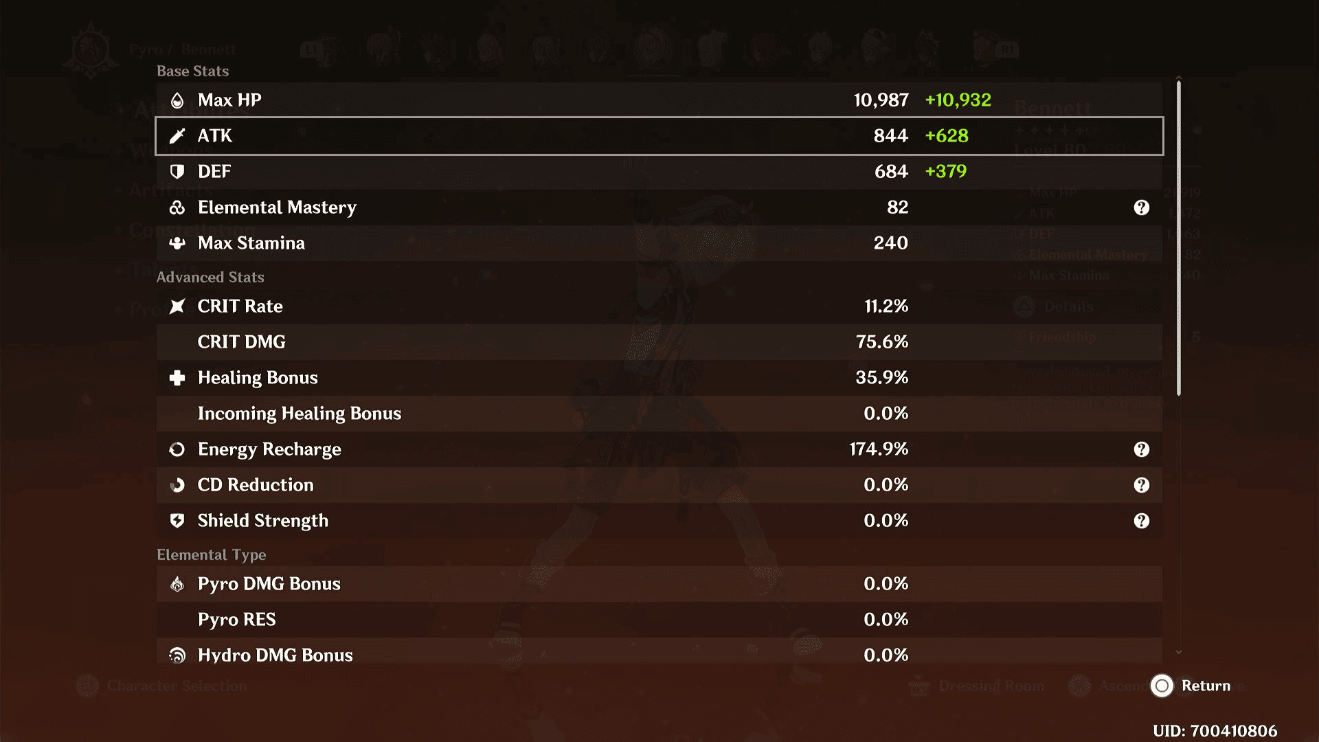 Genshin Impact Bennett best builds - Image shows Bennett's stats in the menu