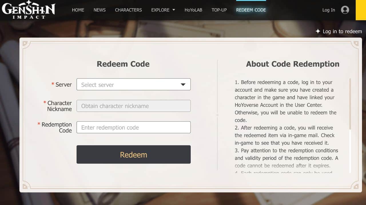 Code redeem screen on the website for Genshin Impact