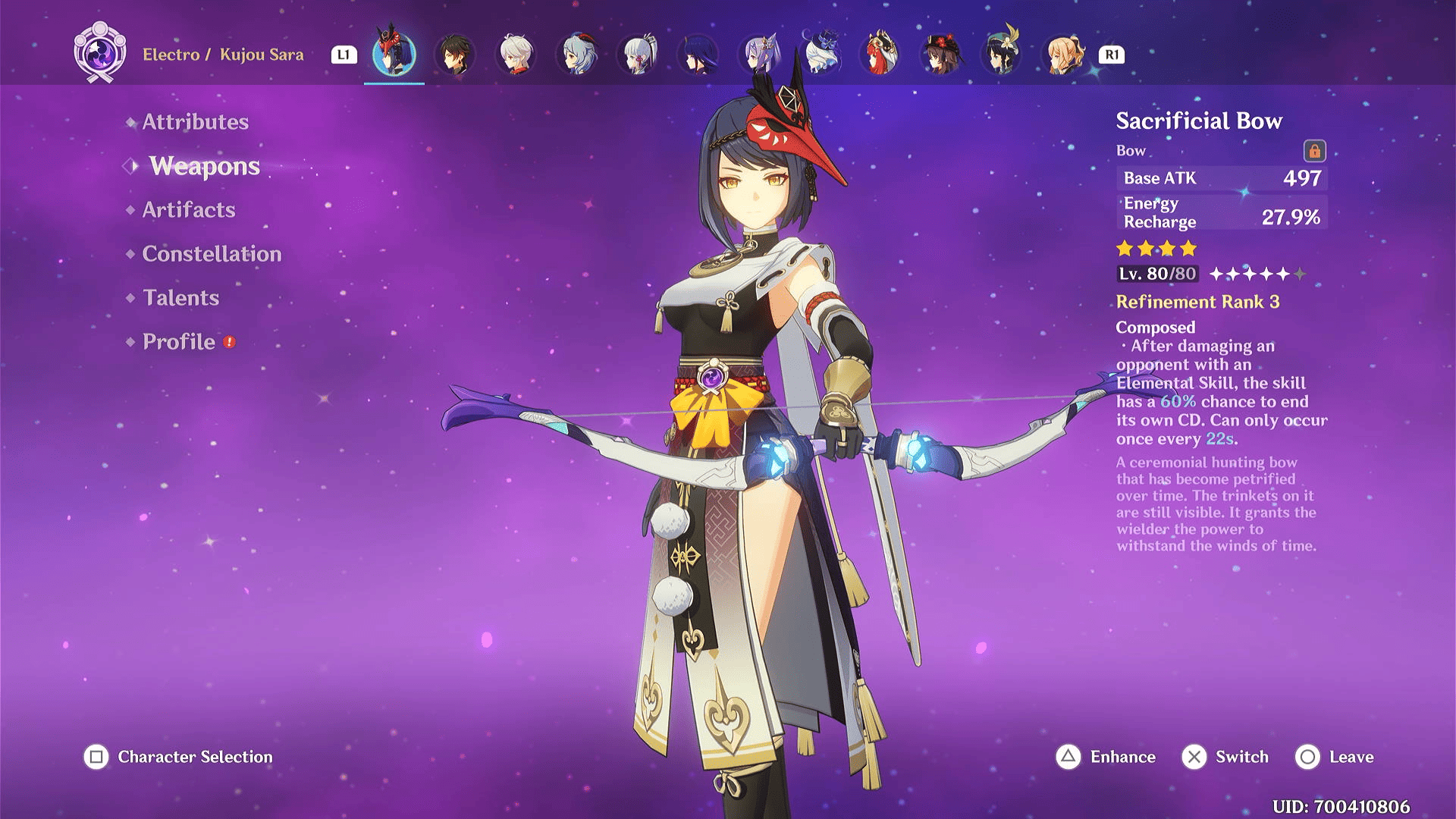 Kujou Sara best builds: Sara holding the Sacrificial Bow in Genshin Impact