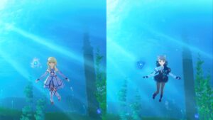 Genshin Impact: Traveler and Lynette underwater showing Pnuma and Ousia
