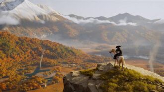 Ghost of Yotei: Atsu riding near a mountain range.