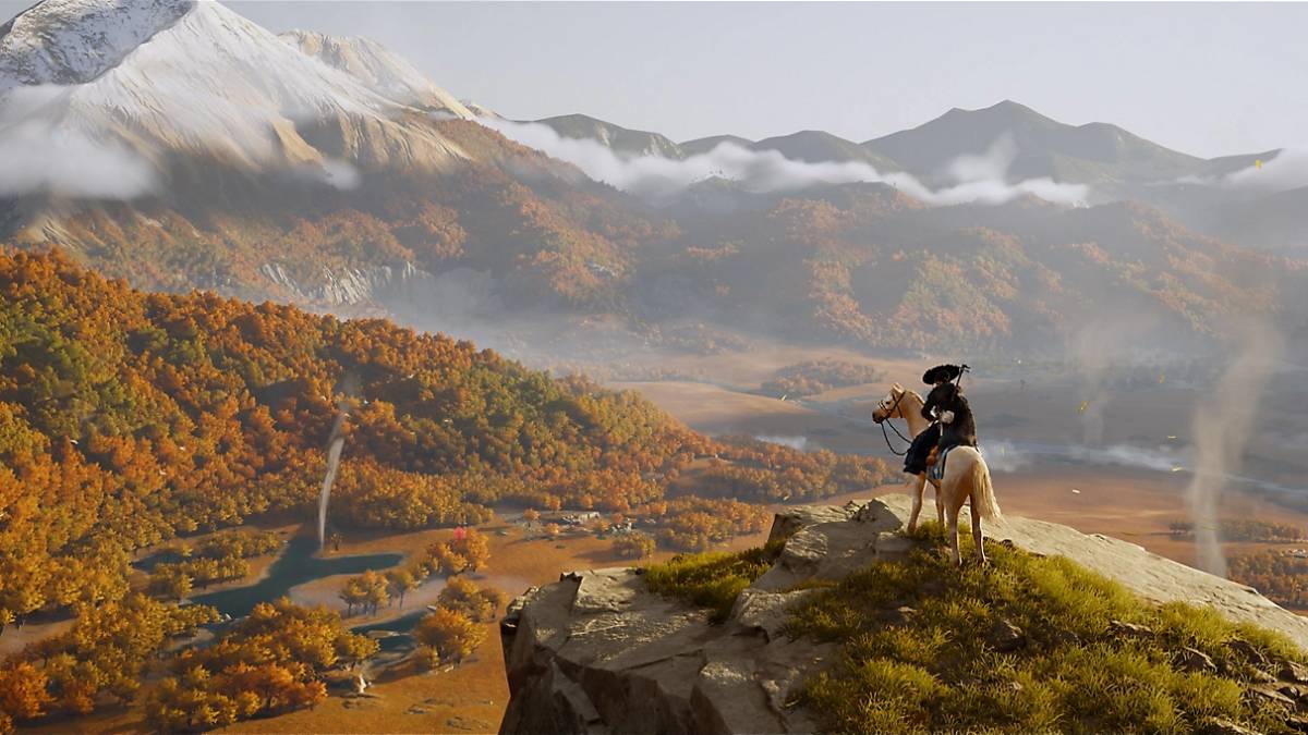 Ghost of Yotei: Atsu riding near a mountain range.