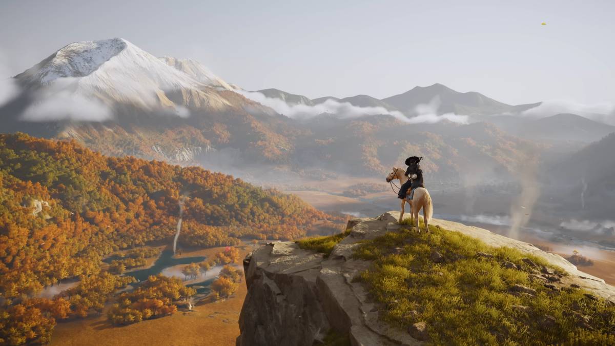 Ghost of Yotei PC: Atsu surveying a mountain from a hill.