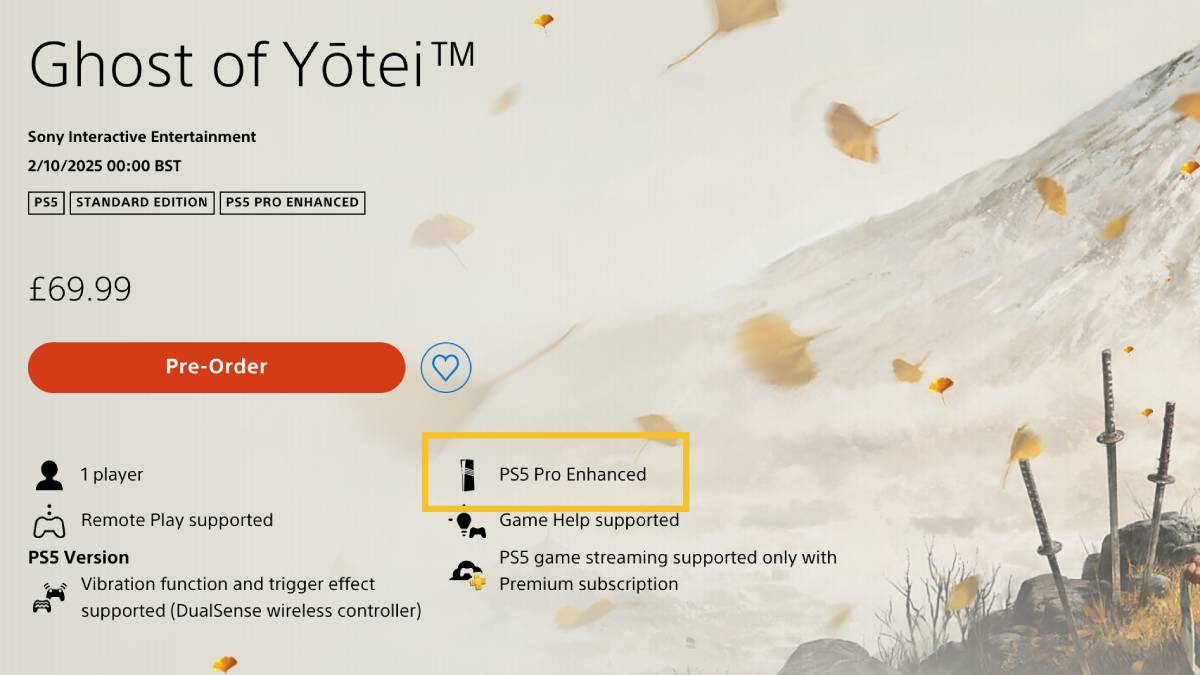 Ghost of Yotei PS5 Pro Enhanced: game listing on the PlayStation website.