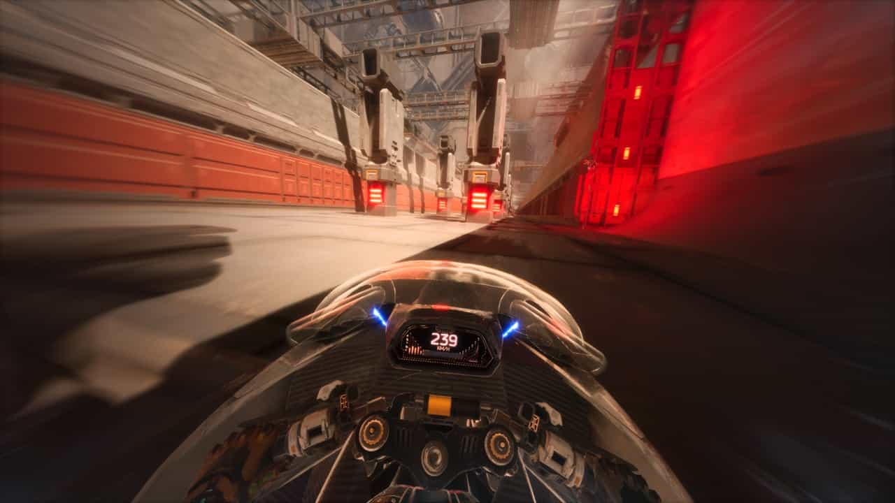 An image of a player riding a motorcycle in Ghostrunner 2. Image provided by One More Level.