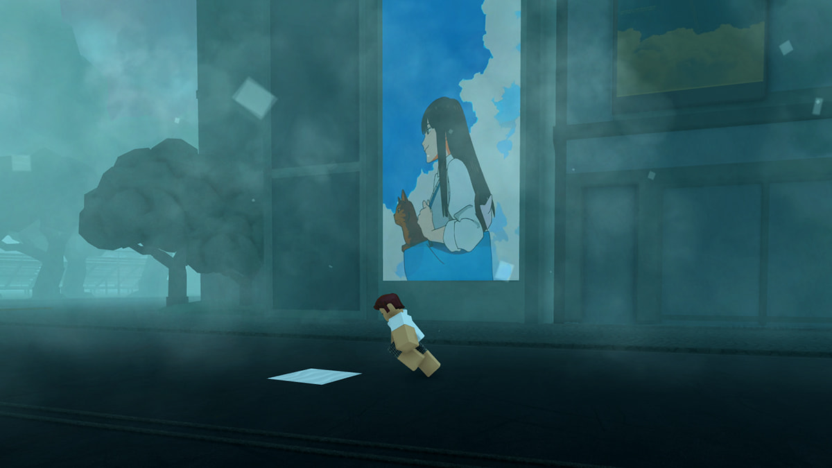 Image of the player running through a misty city in Ghoul Re on Roblox.