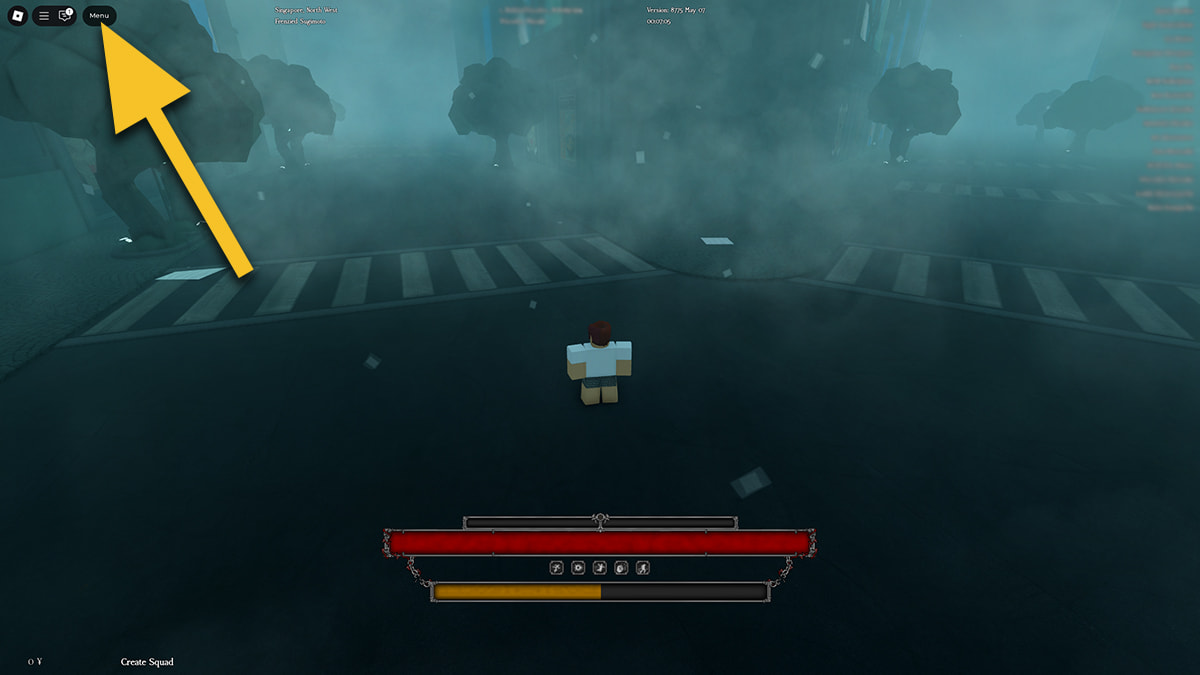 Image of the player standing on city streets in Ghoul Re on Roblox, with an arrow pointing at the Menu button.