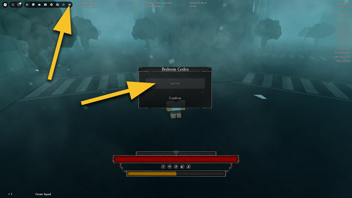 Image of the player standing on city streets in Ghoul Re on Roblox, with arrows pointing at the icon and the code input box.