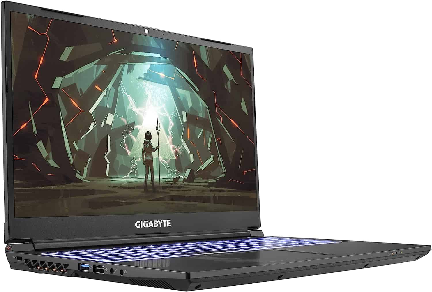 A black GIGABYTE G5 KF laptop with an image of a computer screen.