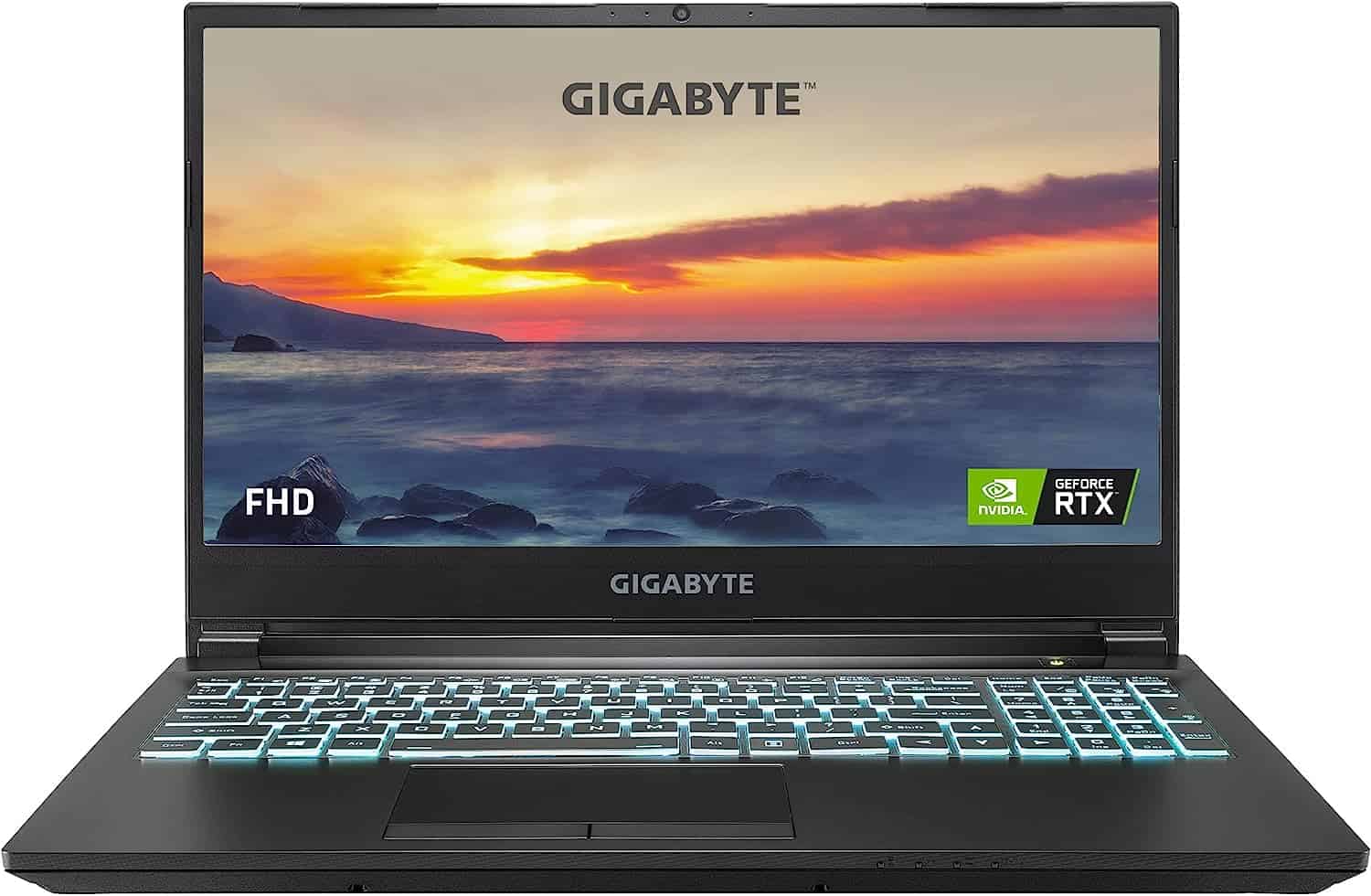 A GIGABYTE laptop with the word 'gabyte' on it.