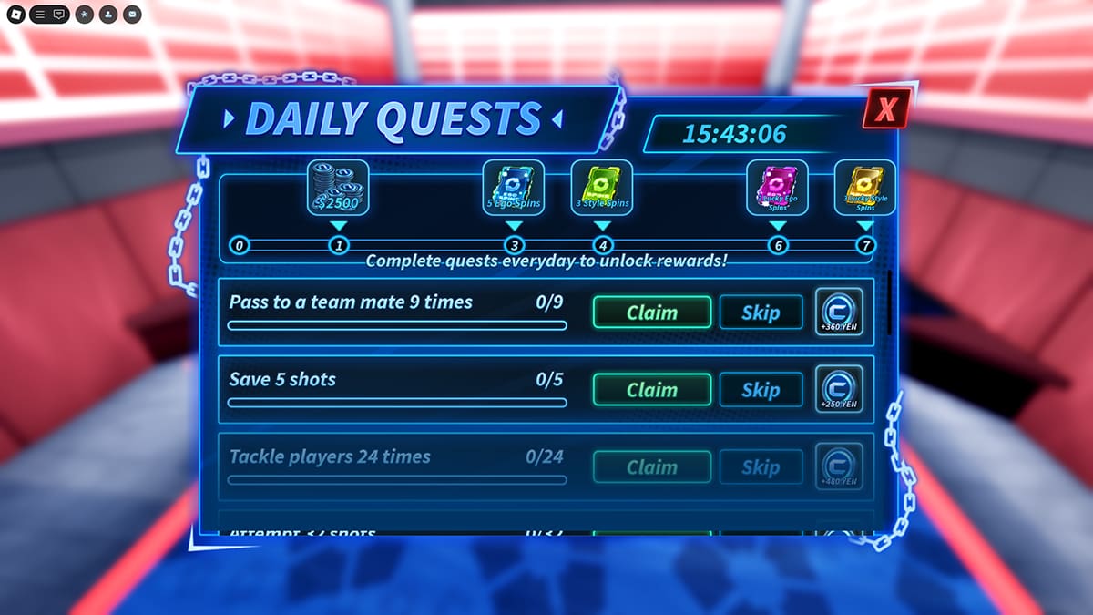 Image of the Daily Quests screen in Goalbound on Roblox.