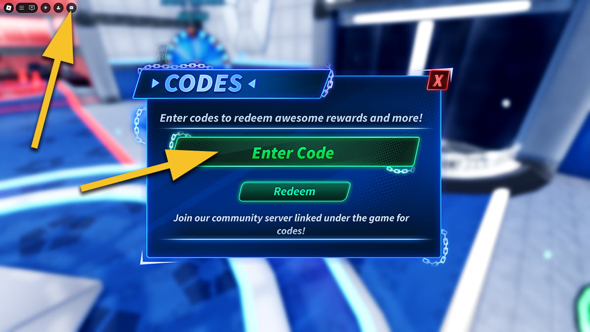 Image of the code redemption window in Goalbound on Roblox, with arrows pointing at an Envelope icon and the code input text box.