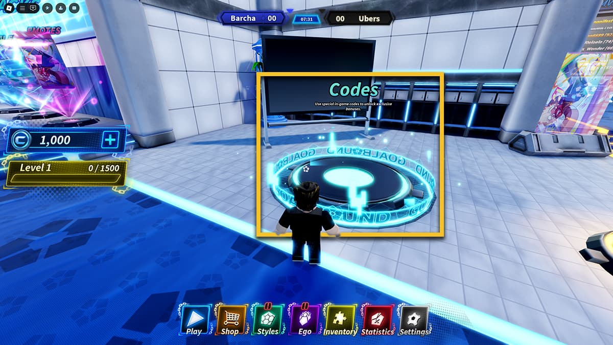 Image of the player in the lobby of Goalbound on Roblox, with the Codes area outlined in a yellow rectangle.