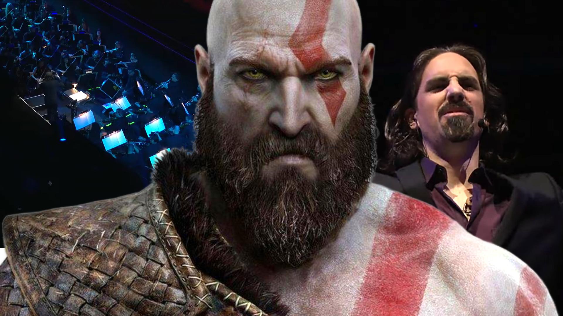 God of War character Kratos standing in front of Bear McCreary at the E3 2016 reveal