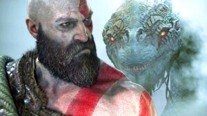 God of War 2018 Kratos looking at that big snake thing