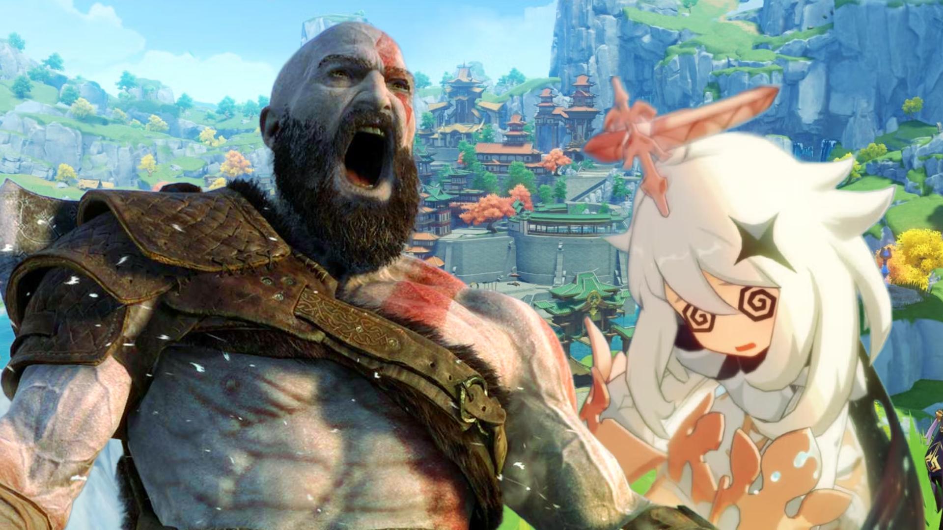 God of War Kratos screaming next to Paimon in Genshin Impact