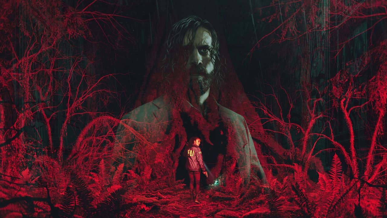 VideoGamer GOTY 2023 - A character standing in a forest with red lights with another character in the background.