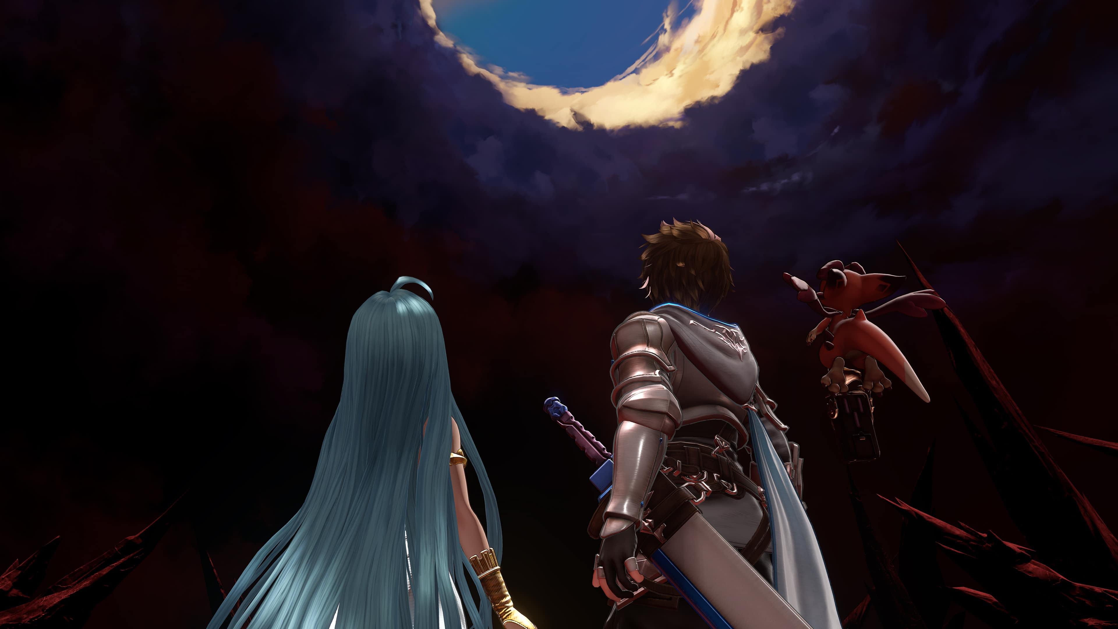 Granblue Fantasy Relink crossplay: The player's party looking up at a hole in the clouds
