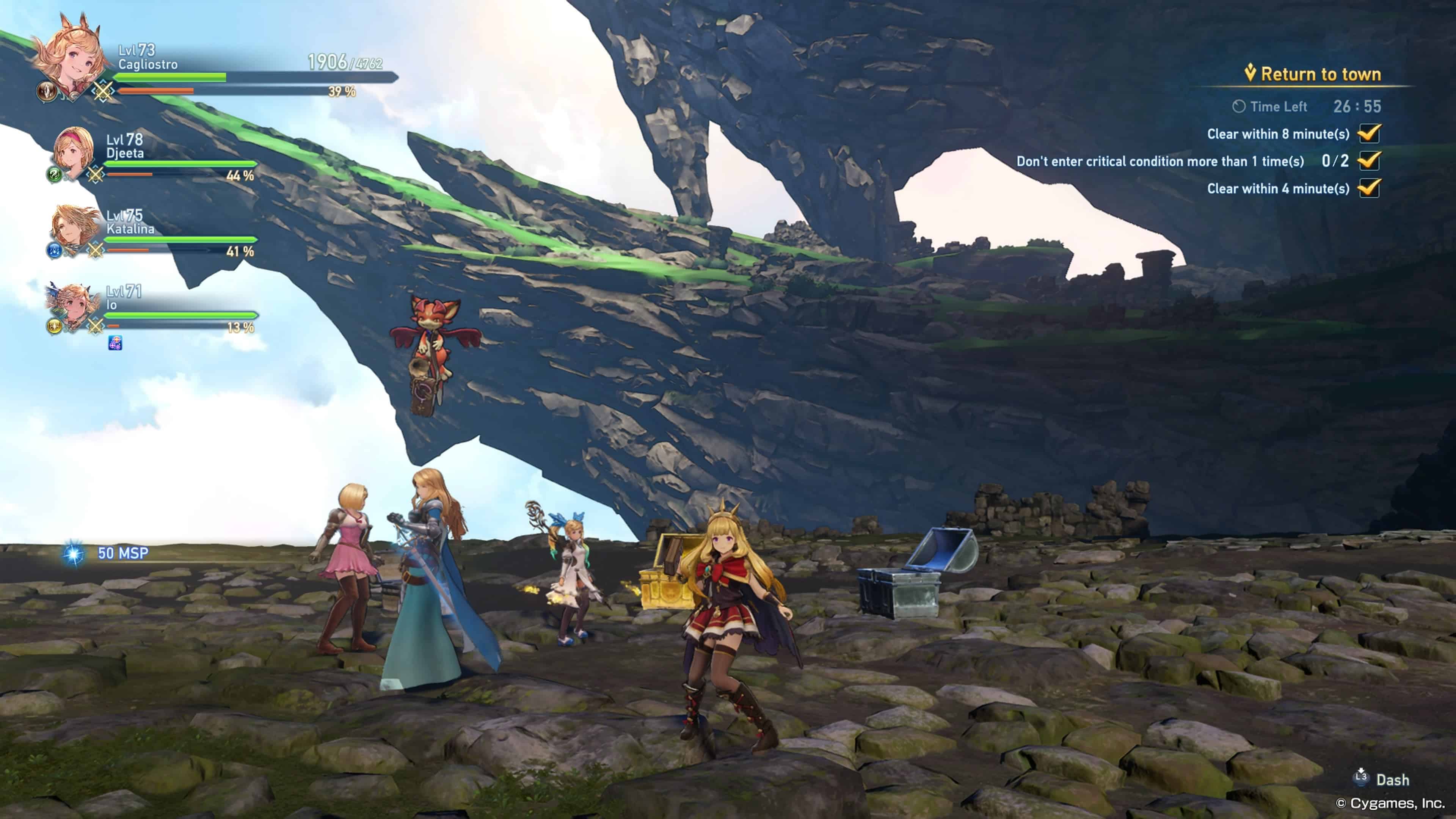 Granblue Fantasy Relink length: The player's party standing on a rocky plain with a cliff in the background.
