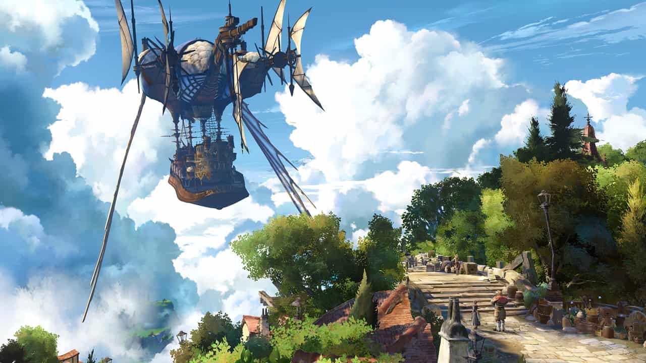 An image of a flying machine soaring through the sky in Granblue Fantasy: Relink. Image from Cygames.