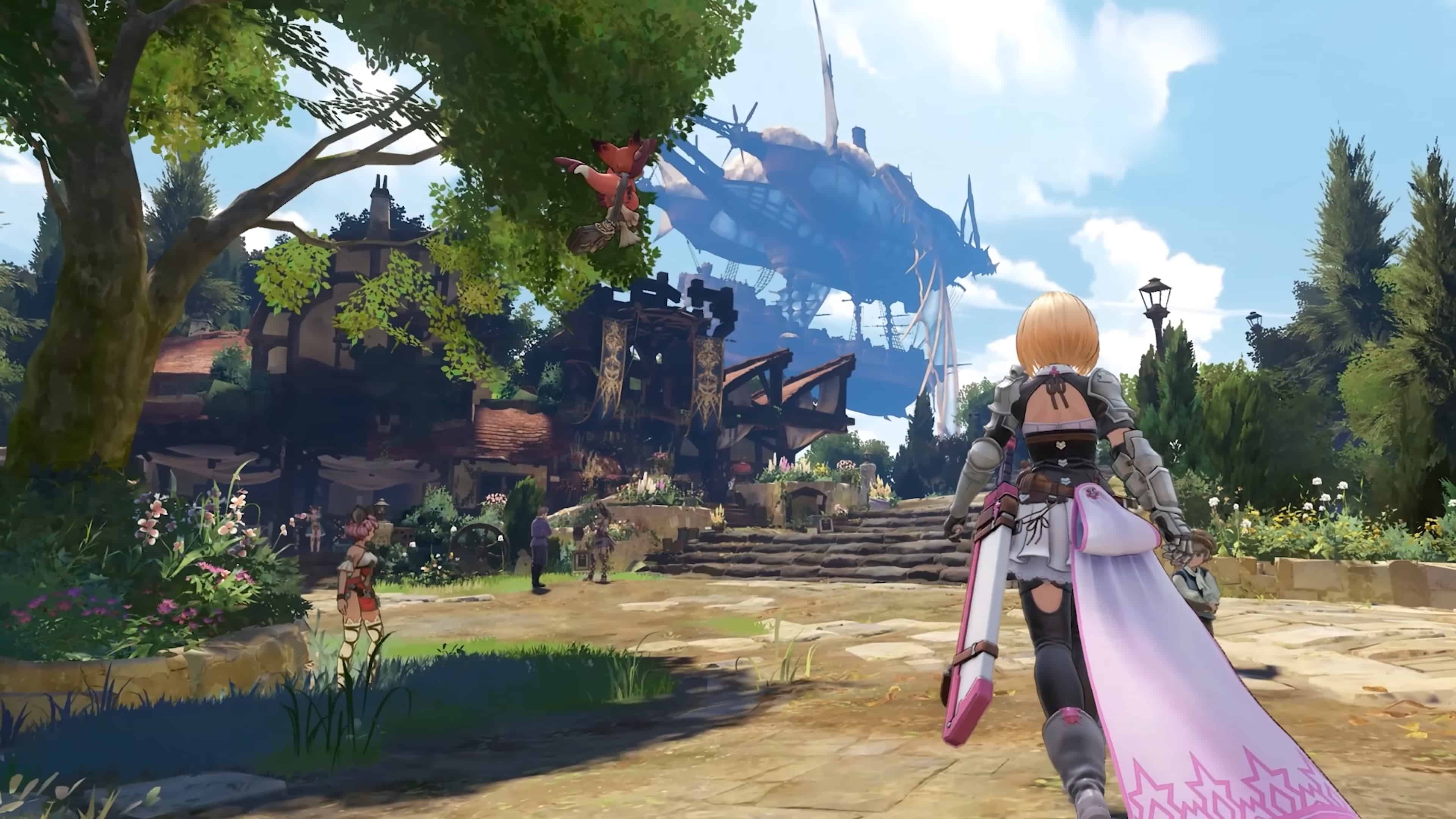 Does Granblue Fantasy Relink have romance: A player running towards a building surrounded by trees.