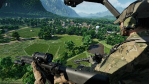 A soldier in a helicopter, armed with a rifle and scope, overlooks a lush, green village landscape from the air in anticipation of Gray Zone Warfare.